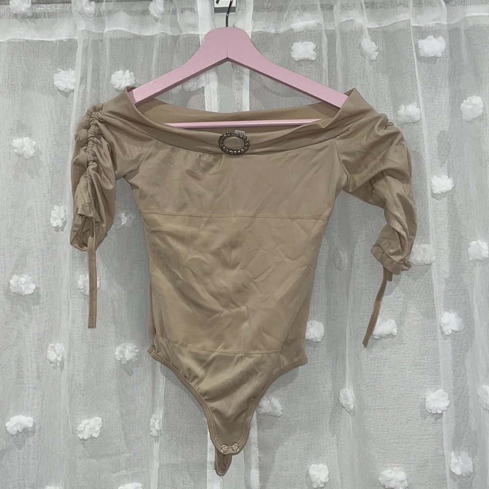 Nude Off the Shoulder Bodysuit Stretchy fitted with Embellishment